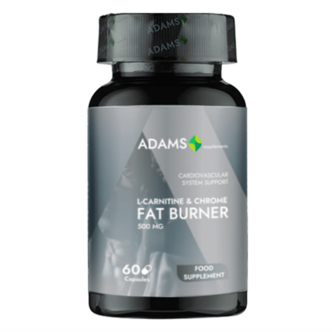 Bottle of Adams Supplements L-Carnitine+Chrome Fat Burner capsules, dietary supplement for weight management and energy.
