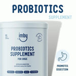 IMBY Probiotics for dogs, showing the supplement packaging with capsules and label details for digestive health support.