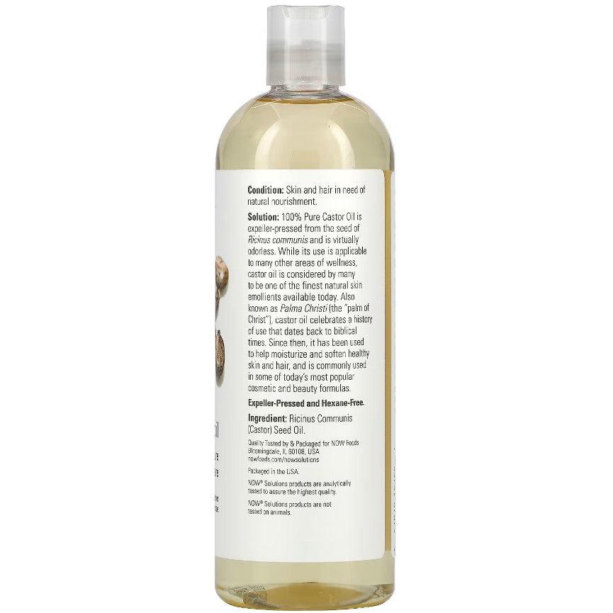MKSTAVRINOS NOW Foods Castor Oil for skin care, 16 fl oz bottle showing clear castor oil inside a transparent container