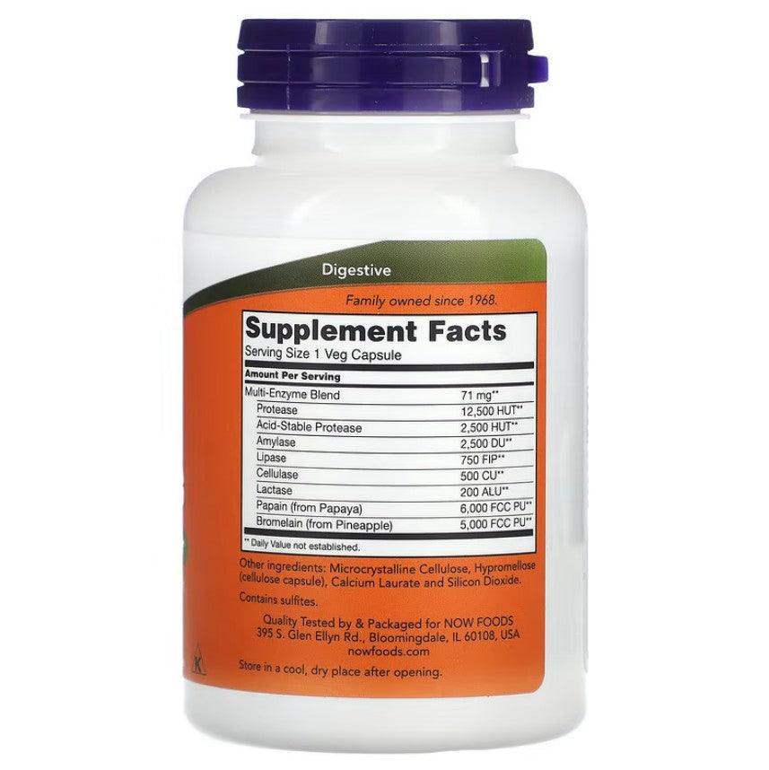 Plant enzyme supplement in green bottle with label, 120 vegetarian capsules from NOW Foods, designed to support digestion and gut health.