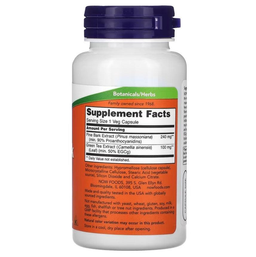 Now Foods Pine Bark Extract supplement capsules in a bottle, 240 mg, 90 vegetarian capsules, dietary antioxidant support.