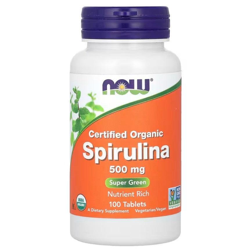 Old Products NOW Foods Certified Organic Spirulina supplement, 100 tablets, 3,000 mg, showing the bottle and tablets inside.