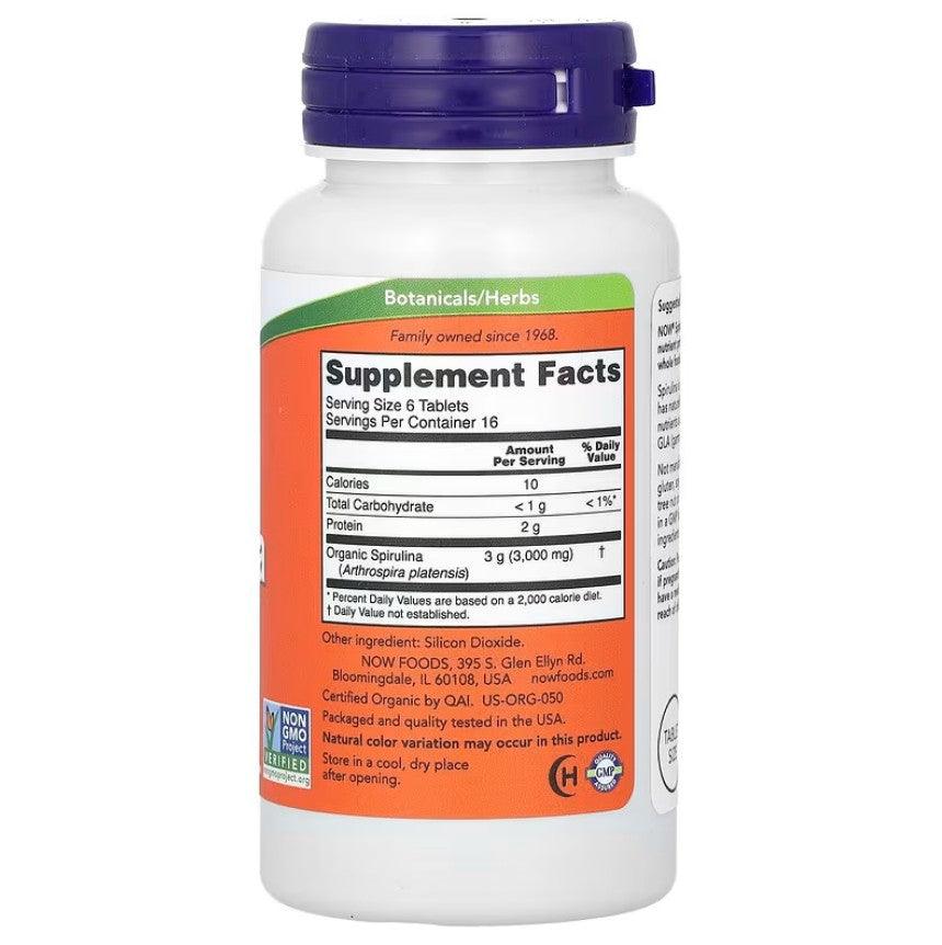 Old Products NOW Foods Certified Organic Spirulina supplement, 100 tablets of 500mg each, in a colorful bottle.