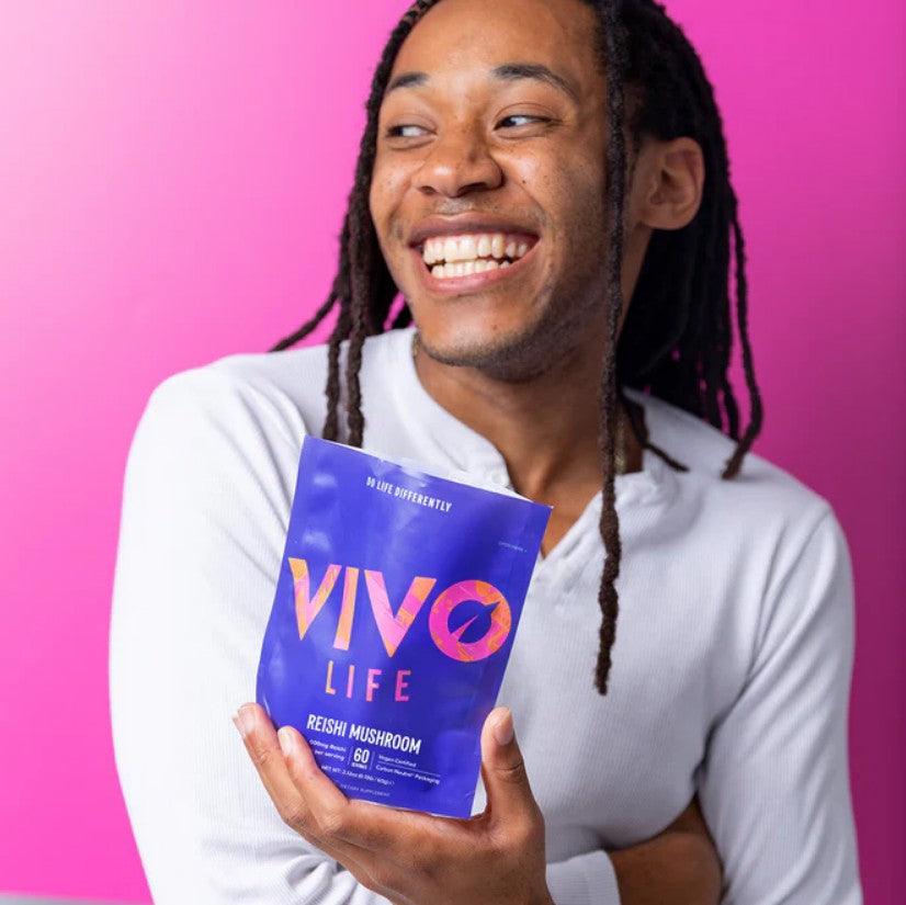 Vivo Life Reishi Mushroom Powder supplement in 15:1 extract, 60 servings, featuring a jar of mushroom powder on the label.