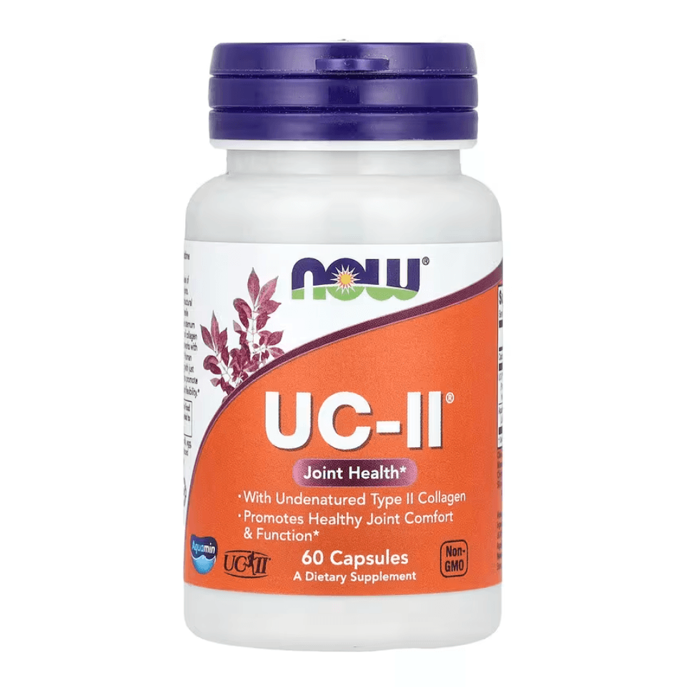 NOW Foods UC-II Joint Health supplement in 60 capsules, featuring undenatured Type II collagen for joint support.
