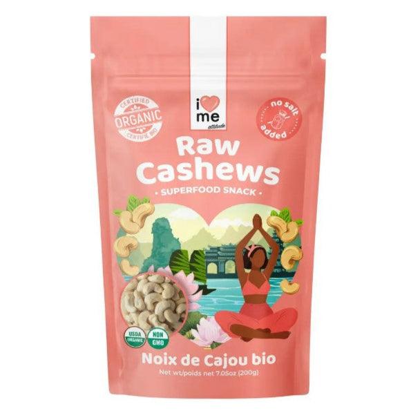 Organic raw cashew nuts from ILOVE ME superfood brand, 200g package, showcasing a close-up of raw cashews in a clear bowl.
