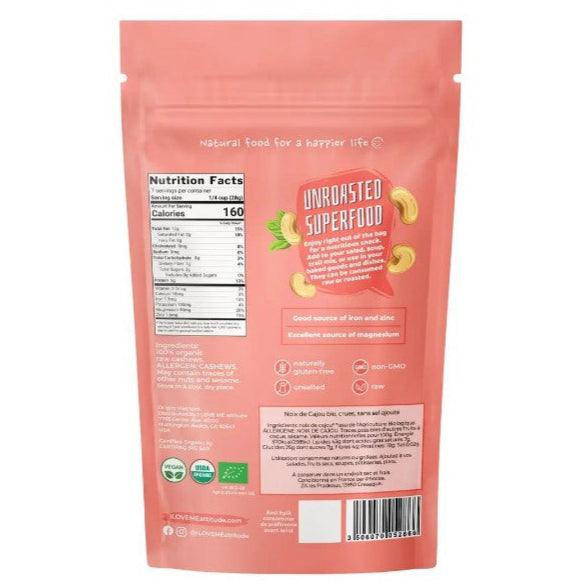Organic raw cashew nuts from ILOVE ME superfood brand in a 200g package, showcasing whole, natural cashews ready to eat.