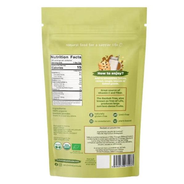 Organic baobab powder from ILOVE ME superfood brand in a 200g package, showcasing the powder's texture in a clear container.