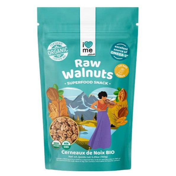 Organic raw shelled walnut kernels from ILOVE ME superfood, 150g, with visible whole walnuts and natural brown shells.