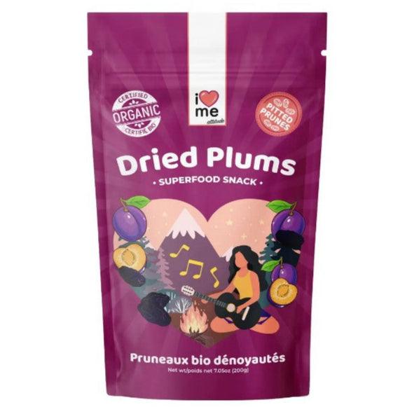 Organic pitted prunes from ILOVE ME, superfood, 200g package, showing fresh, dark dried prunes in a clear container.
