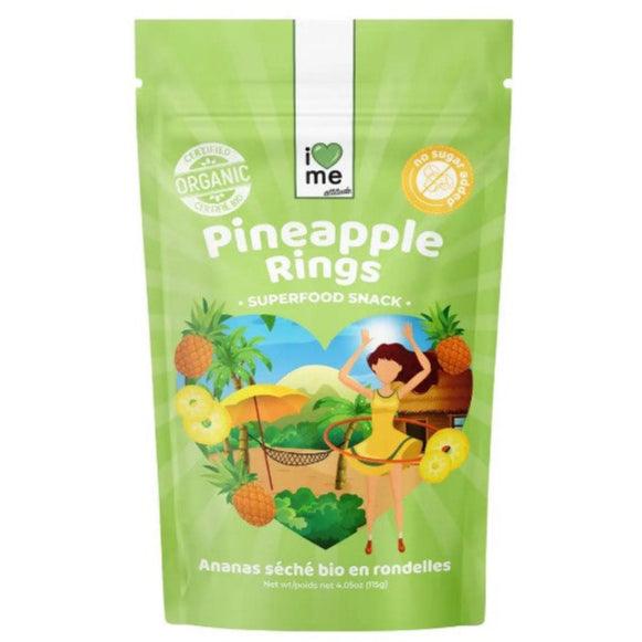 Organic dried pineapple slices from ILOVE ME superfood brand, showing golden, chewy pineapple pieces in a 115g package.