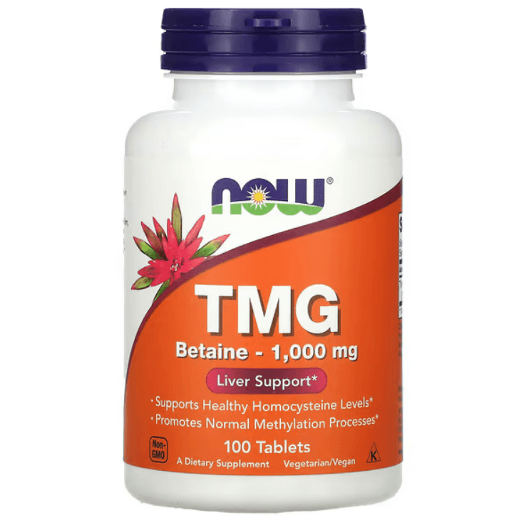 MKSTAVRINOS NOW Foods TMG supplement bottle with 100 tablets, showing the label and product details for supporting methylation.