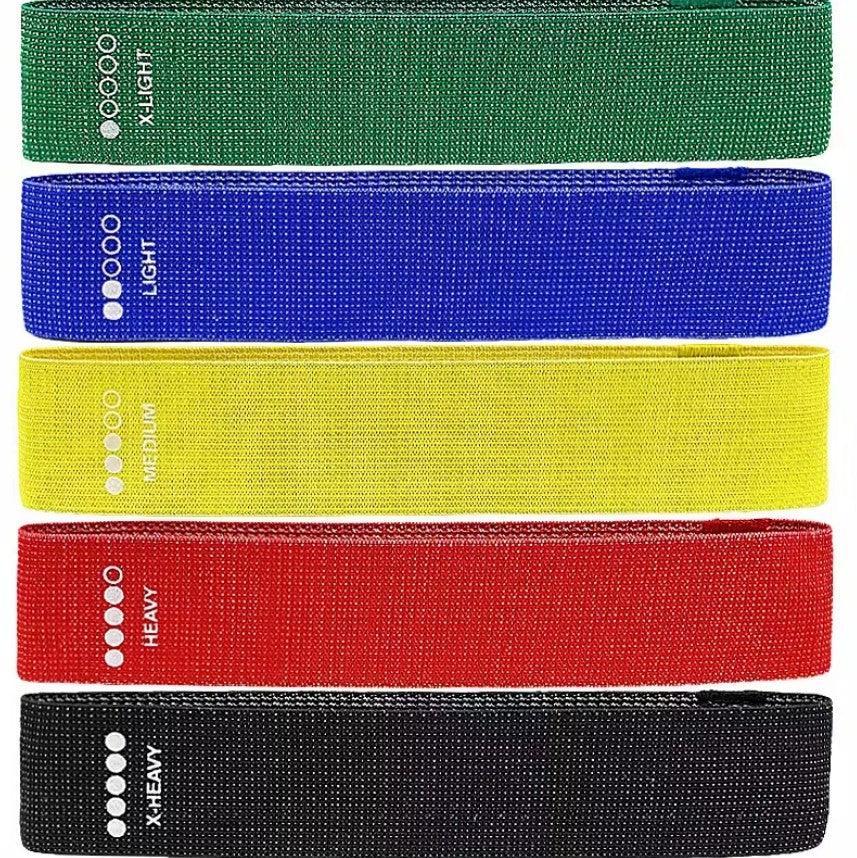 Full-body resistance band set by TEMU, includes four vibrant no-slip elastic fitness bands for home gym and stretching exercises.