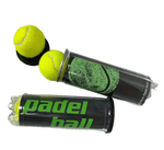 Official size TEMU padel tennis balls, fitness equipment, showing bright yellow balls with brand logo and textured surface.