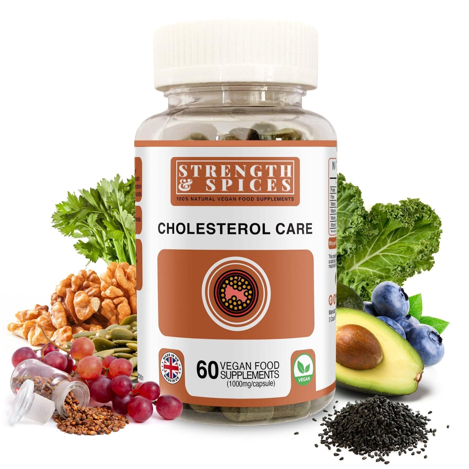 Bottle of Strength & Spices Cholesterol Care supplement capsules with label showing 60 capsules, designed for heart health support.