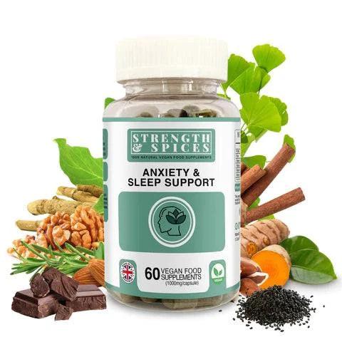 Bottle of Strength & Spices Anxiety & Sleep Support supplement with 60 capsules, featuring natural spice ingredients.