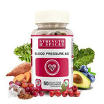 Blood Pressure Aid supplement by Strength & Spices showing a bottle of 60 capsules with spice ingredients.