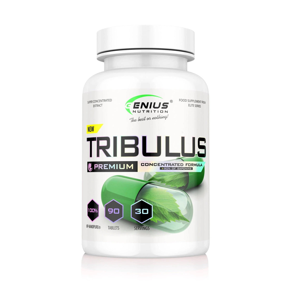 Genius Nutrition Tribulus supplement bottle with 90 tablets, natural herbal supplement for fitness and muscle support.