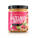Creamy BIO hazelnut spread from Genius Nutrition in 250g jar, showcasing smooth, nutty texture with a natural, wholesome appearance.