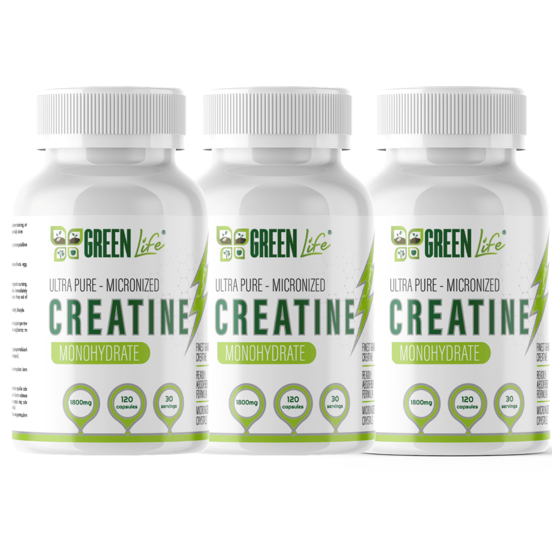 Green Life Cyprus micronized creatine monohydrate capsules, 120-count bottle, perfect for muscle support and athletic performance.