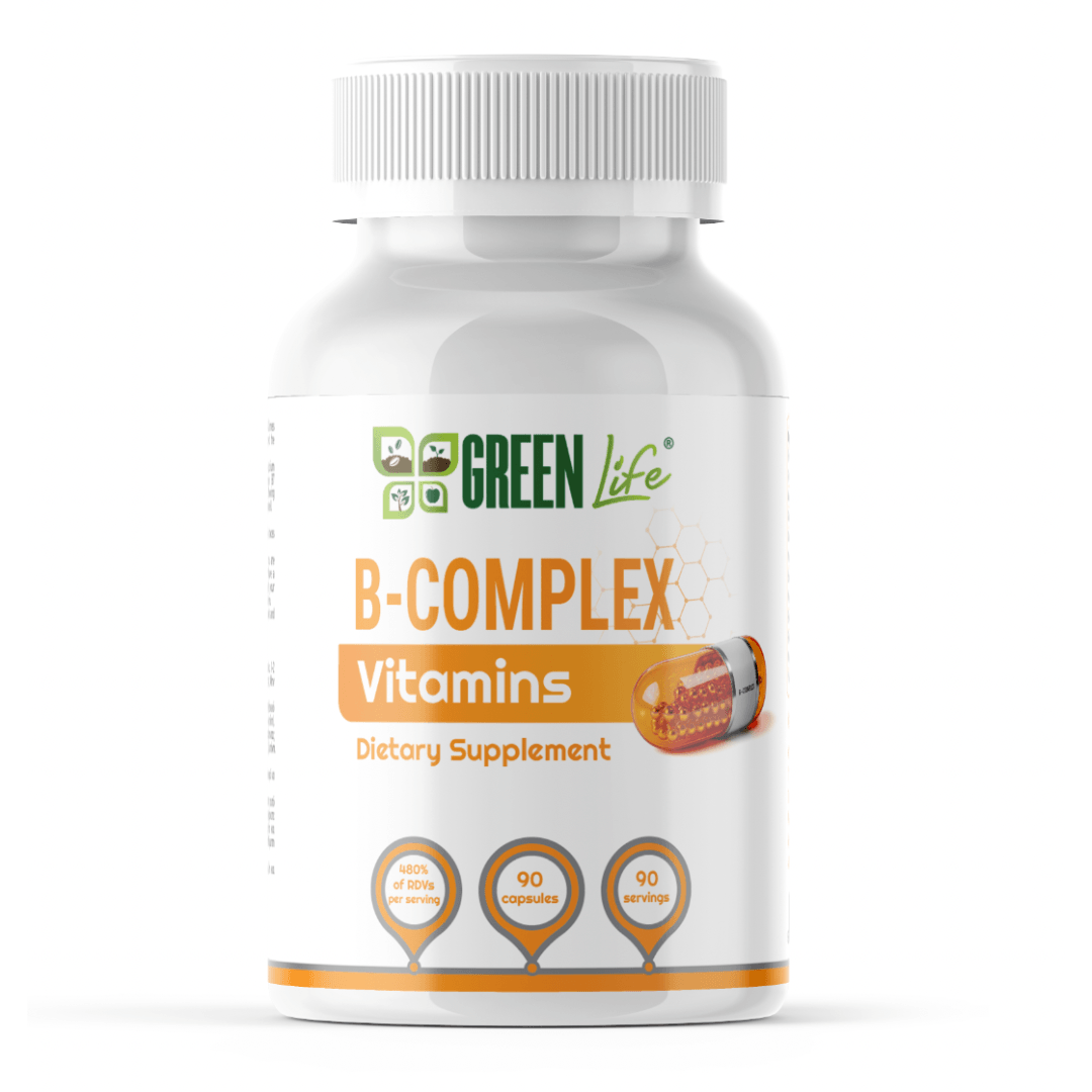 Green Life Cyprus B-Complex Vitamins bottle with 90 capsules, supporting daily energy and vitality in a natural supplement container.