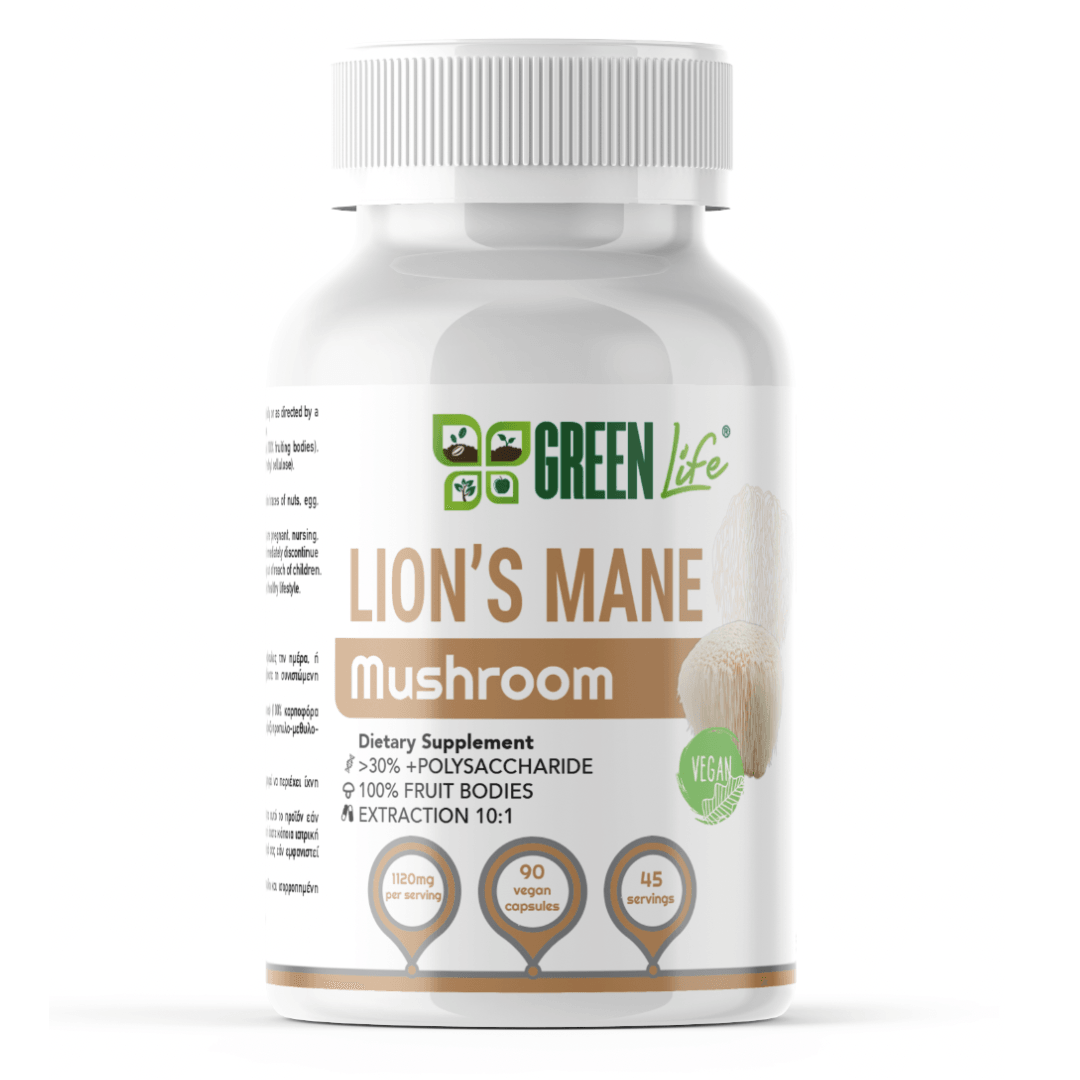 Green Life Cyprus Lion’s Mane Mushroom supplement bottle with 90 capsules, designed for cognitive and nervous system support.