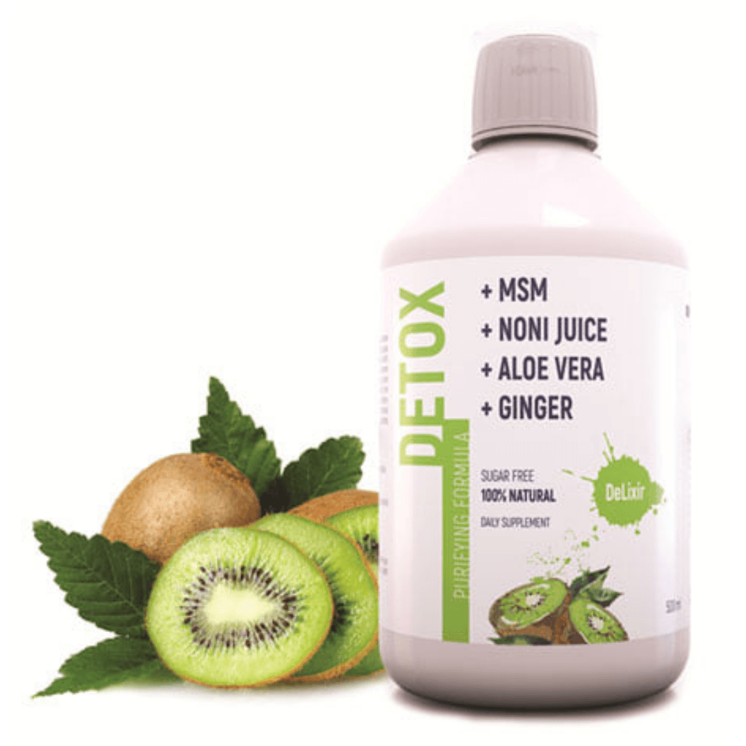 DeLixir Detox supplement bottle by DETA ELIS with labels and capsules visible in a clean, professional product image.