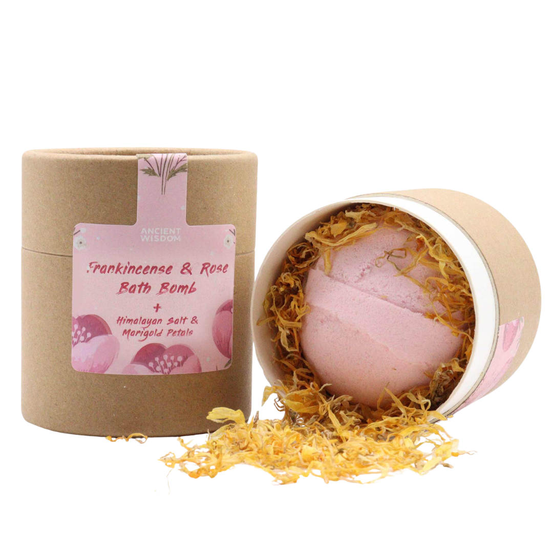 Frankincense and rose bath bomb by AW GIFTS, showing a colorful, spherical bath bomb with floral and aromatic ingredients.