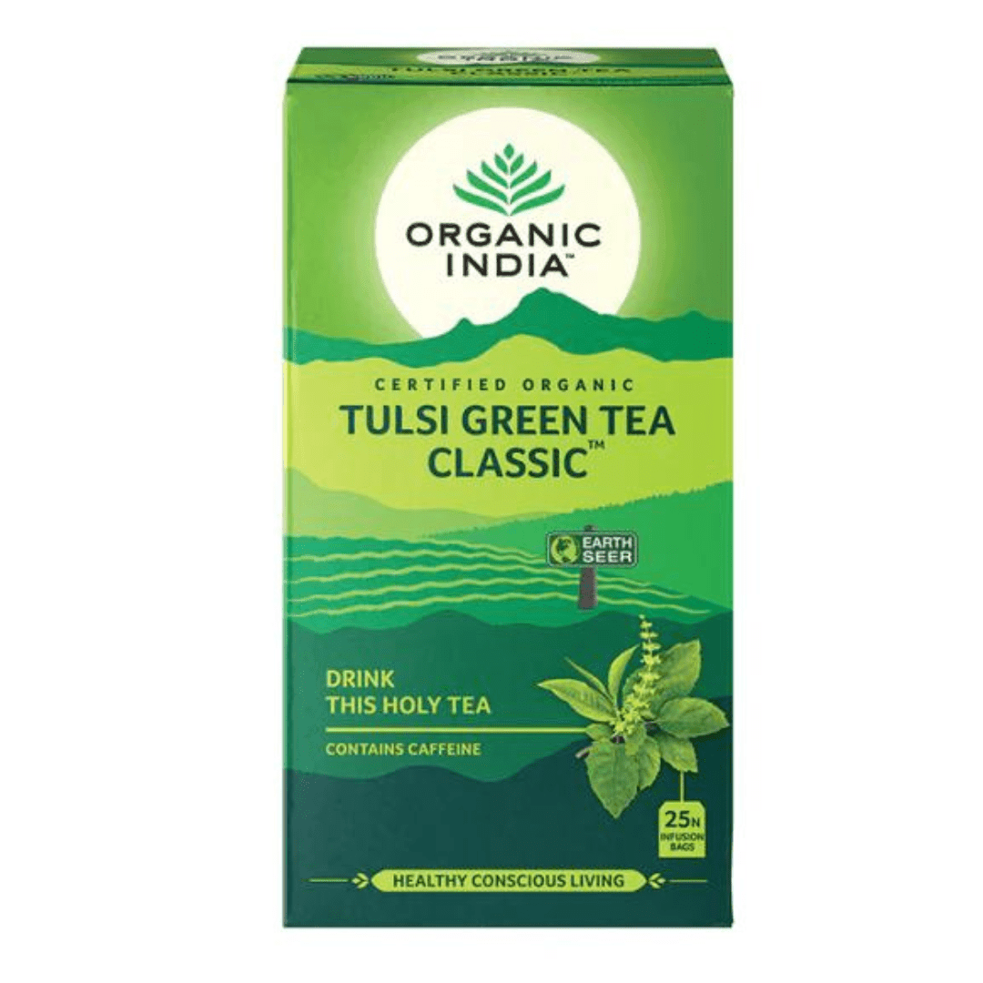 Organic India BIO Tulsi Green Tea Classic infusion bags by Herbalistas, featuring fresh green tea with tulsi basil leaves.