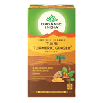 Organic India BIO Tulsi Turmeric Ginger herbal tea in a box with 25 infusion bags, caffeine-free, from Herbalistas.