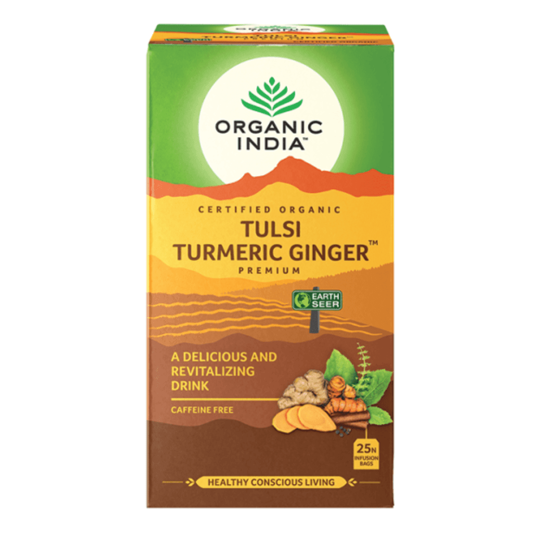 Organic India BIO Tulsi Turmeric Ginger herbal tea in a box with 25 infusion bags, caffeine-free, from Herbalistas.
