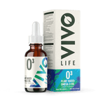 Vivo Life plant-based Omega 3 supplement bottle with label showing omega-3 fish oil alternative from algae, on a white background.
