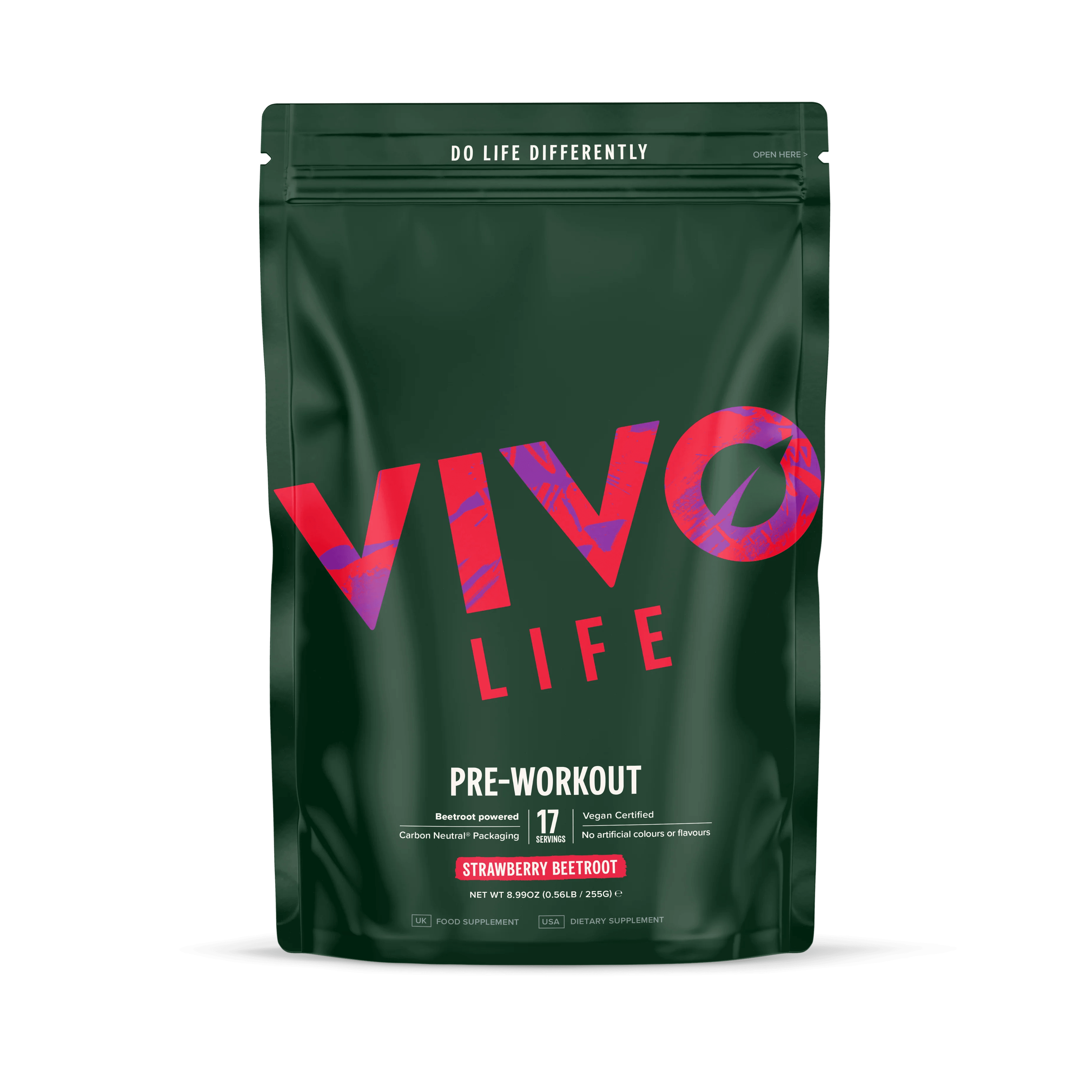 Vivo Life pre-workout supplement container with label, featuring vibrant design and product details on a white background.