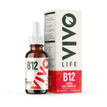 Vivo Life B12 High Potency Vegan Vitamin Supplement bottle with label, showcasing the supplement's packaging and branding.