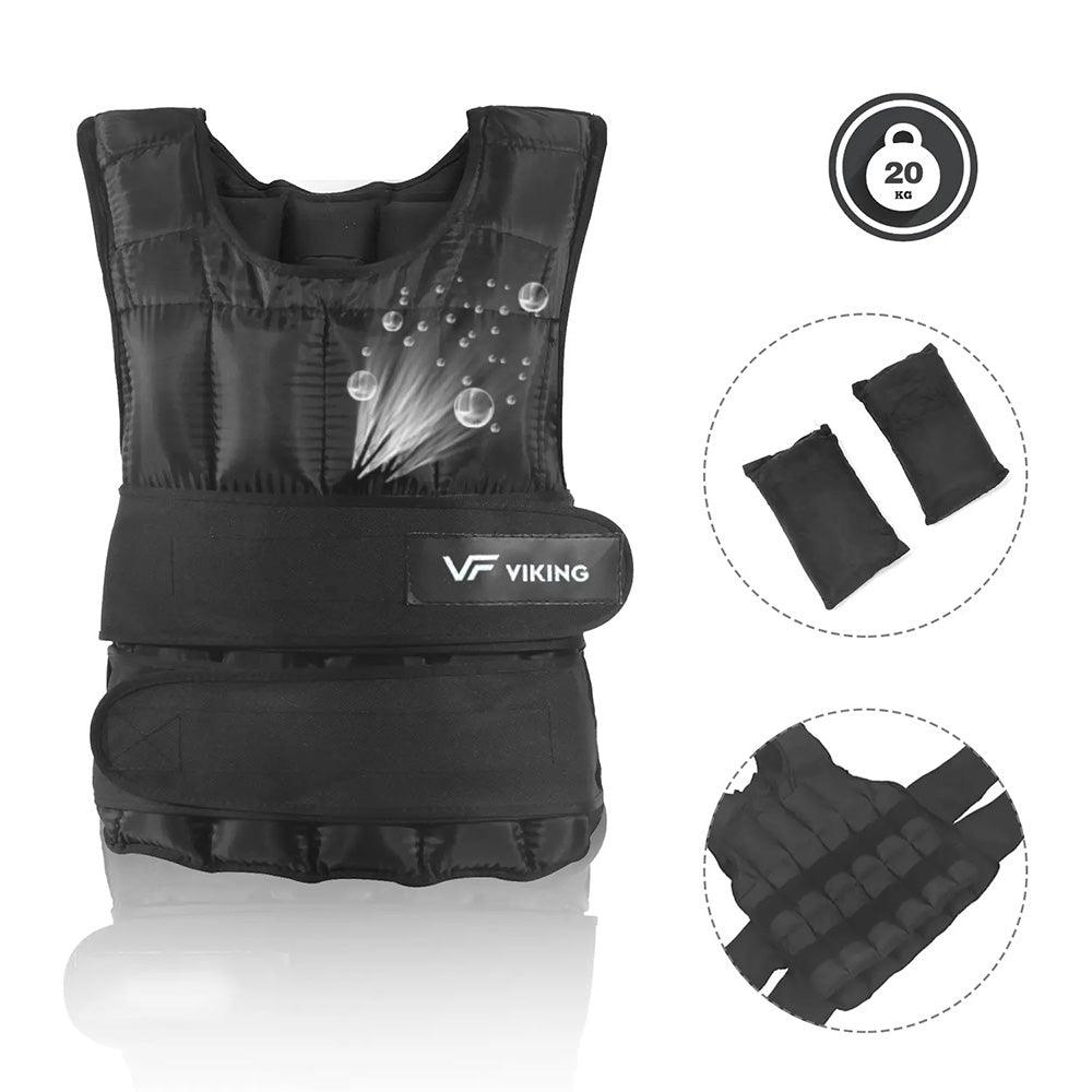 Viking Fitness Viking Pro Vest adjustable 20kg weight vest worn on a person for strength training and fitness workouts.