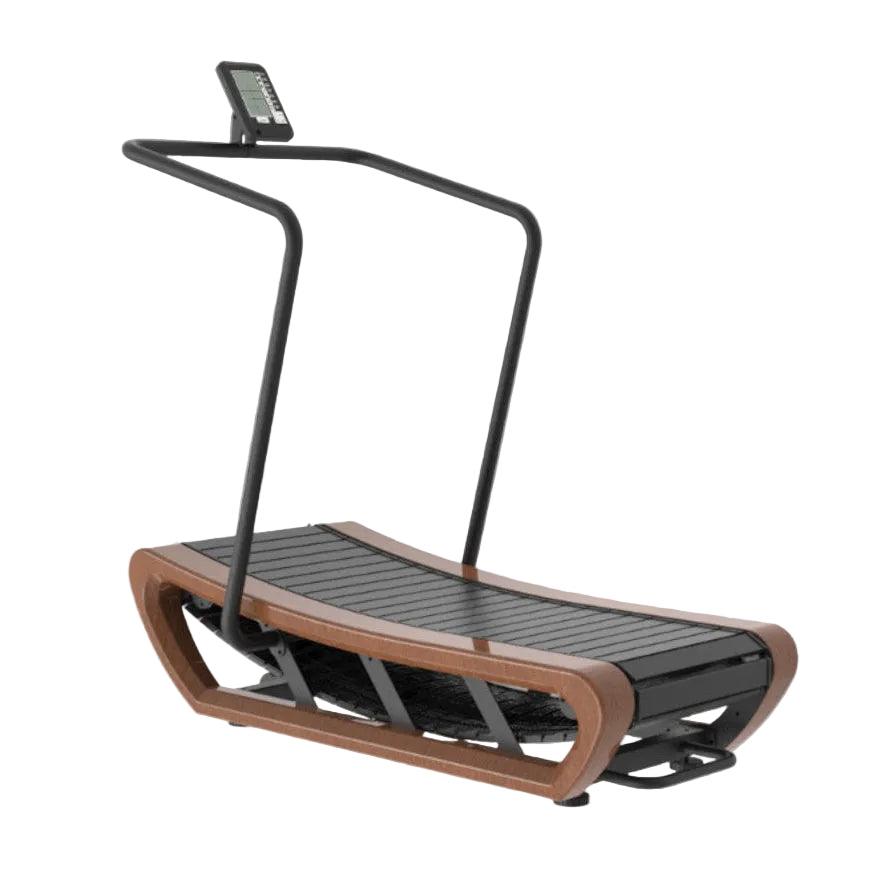 Curved treadmill Saga by Viking Fitness showing a sleek black design with a running belt and control panel.