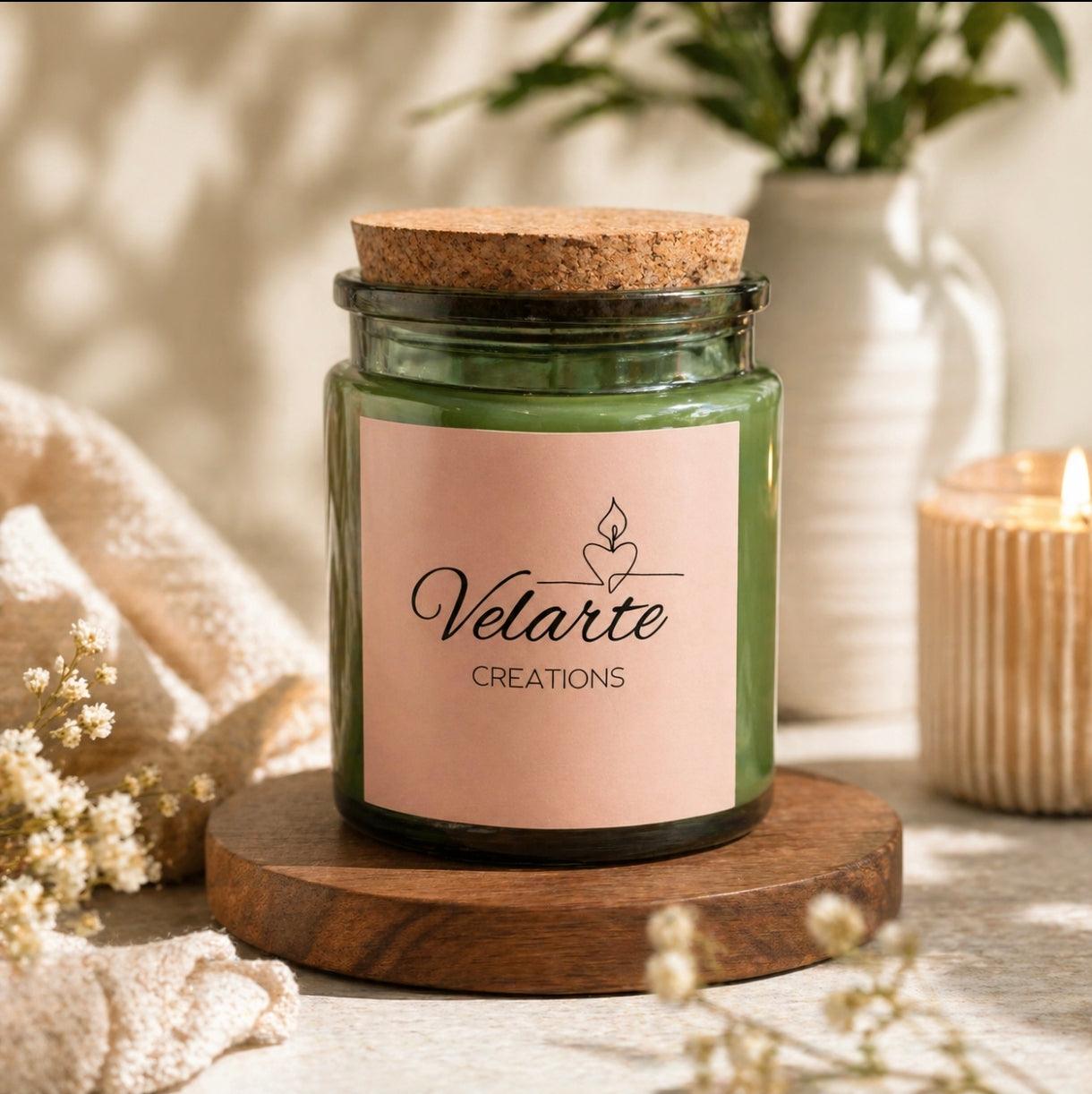 Velarte green glass candle container with cork lid, elegant and decorative candle for home ambiance.