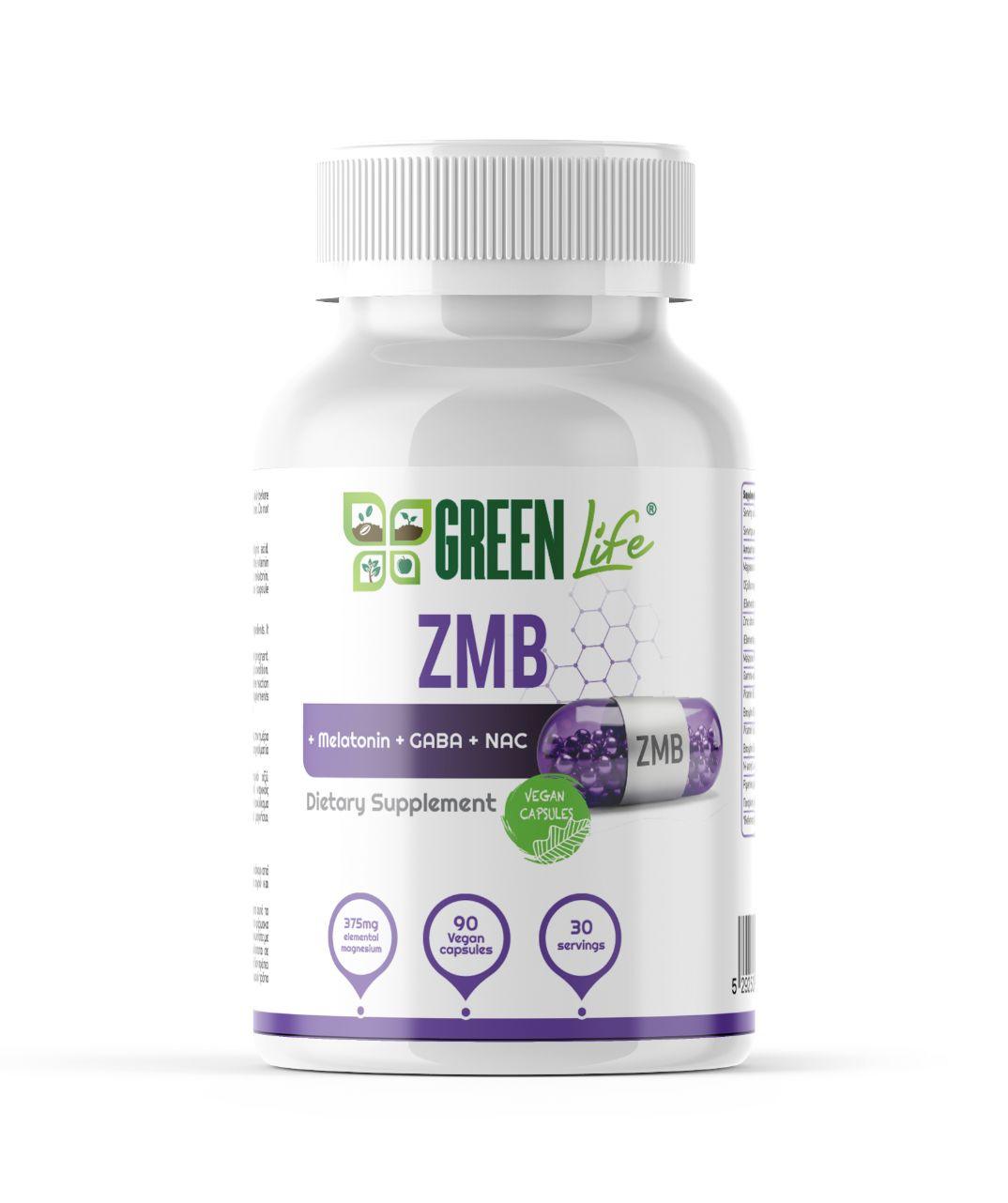 Green Life ZMB Advanced Night Recovery Formula herbal supplement in vegan capsules, featuring 90 capsules for restful sleep.