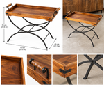 Handmade wooden serving tray table with folding iron stand, rustic Indian style, ideal as a home decor side or butler tray.