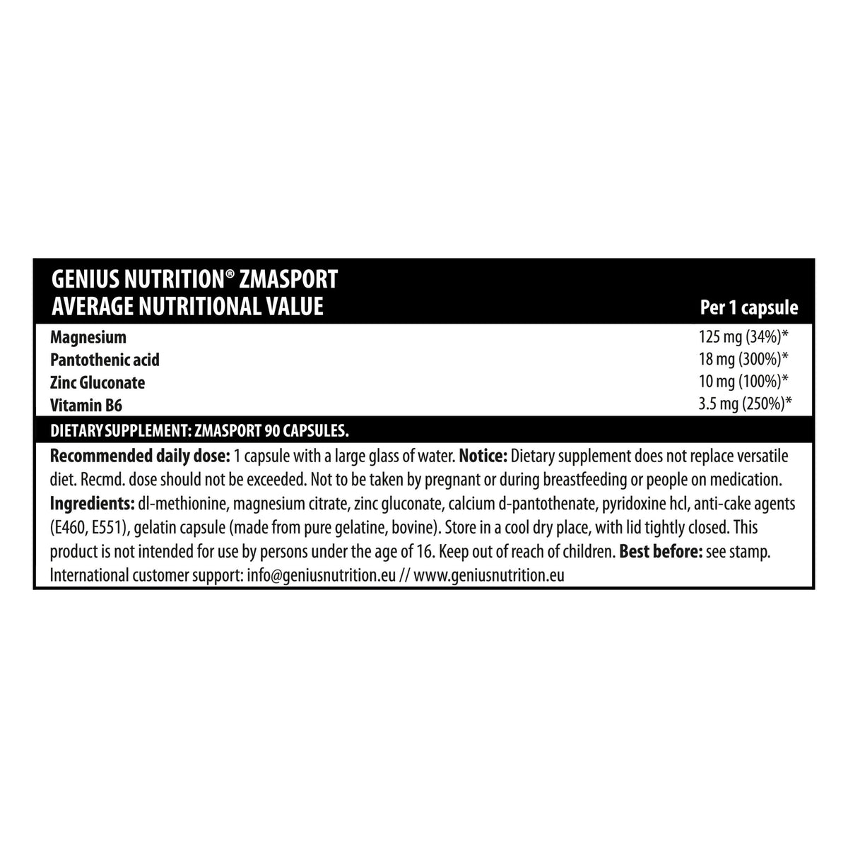 Genius Nutrition ZMA SPORT supplement bottle with 90 capsules, showing nutritional facts on the label.