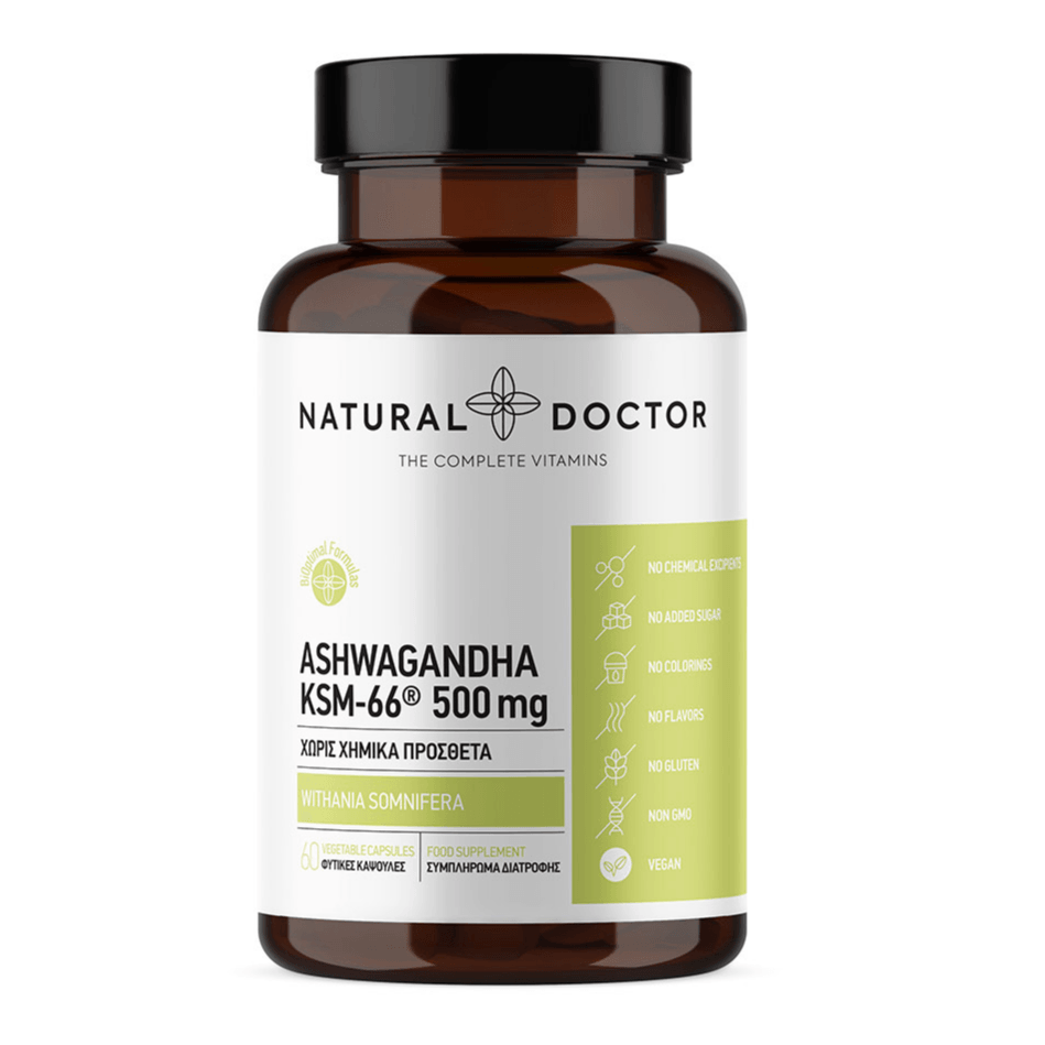 VITAREA Natural Doctor Ashwagandha KSM-66® supplement bottle with 60 vegan capsules, herbal stress support and adaptogen supplement.