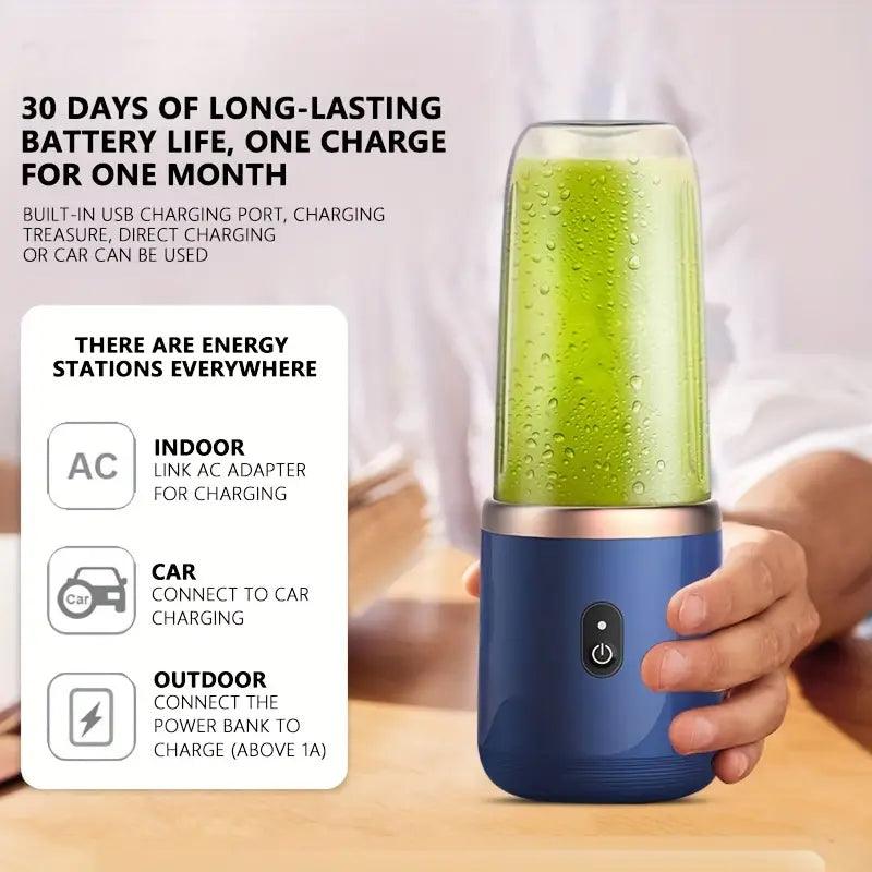 Portable TEMU USB smoothie blender cup with six blades for blending fruits and beverages on the go.