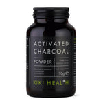 Kiki Health Activated Charcoal Powder supplement in 70g jar, showing black powder inside a clear container.