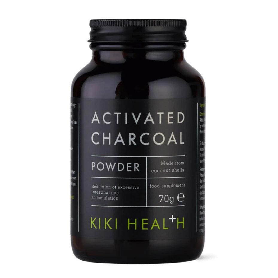 Kiki Health Activated Charcoal Powder supplement in 70g jar, showing black powder inside a clear container.