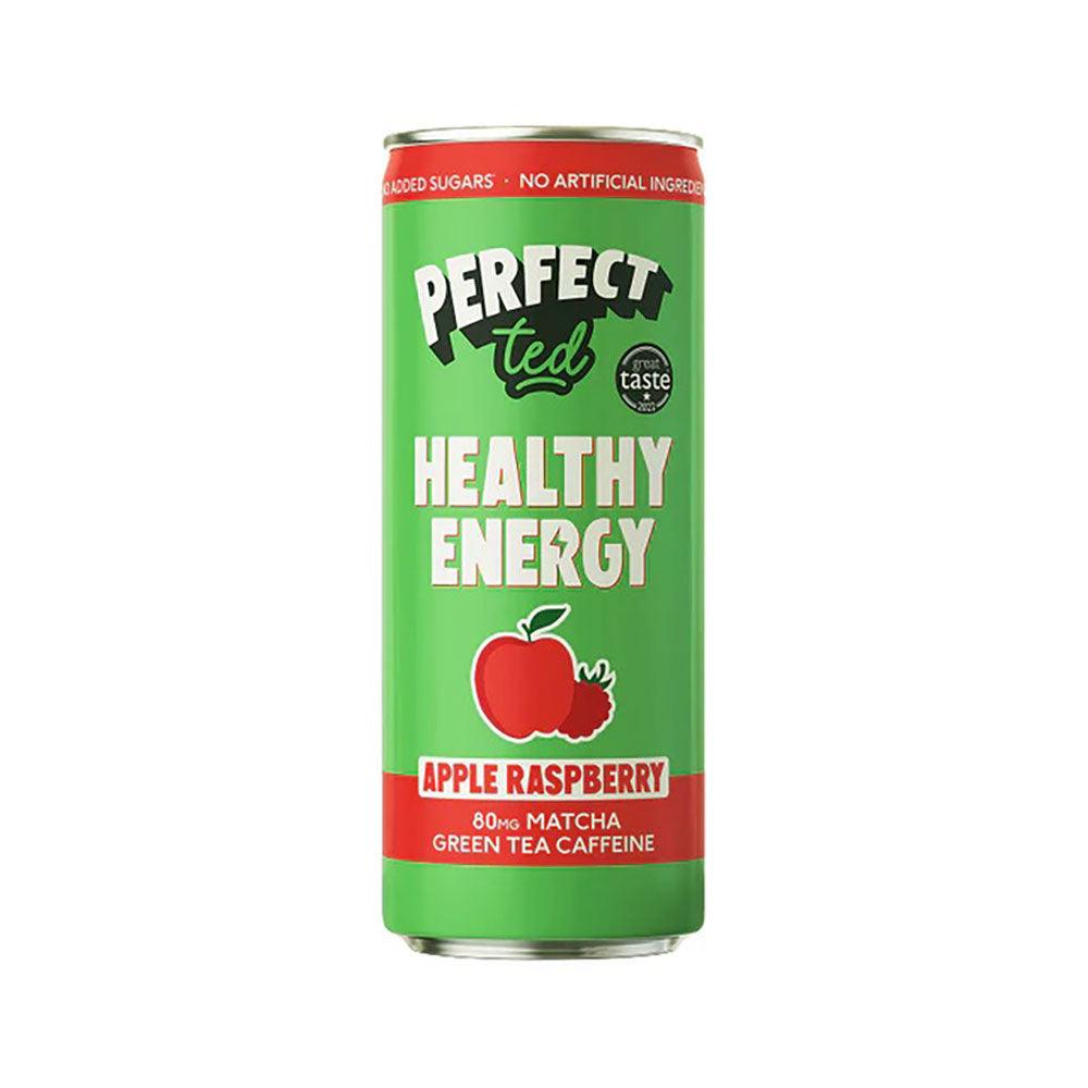 Herbalistas PerfectTed Ceremonial Matcha Energy Drink with apple and raspberry flavor in a 250ml can, vibrant beverage with fresh fruit.