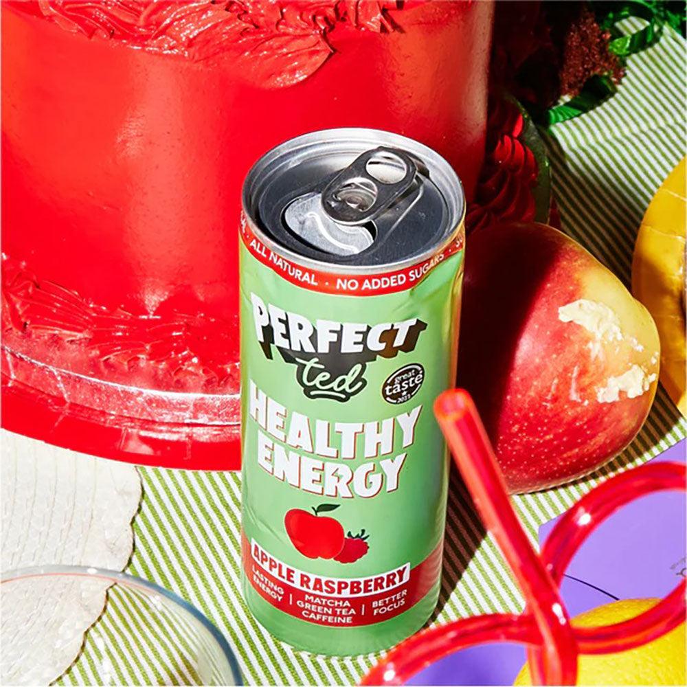Herbalistas PerfectTed Ceremonial Matcha Energy Drink in 250ml can with apple and raspberry flavor, vibrant design on the label.