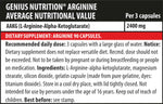 Genius Nutrition Arginine AKG supplement bottle with 90 capsules, showing the product label and capsules inside.