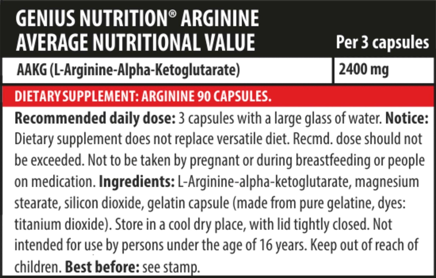 Genius Nutrition Arginine AKG supplement bottle with 90 capsules, showing the product label and capsules inside.