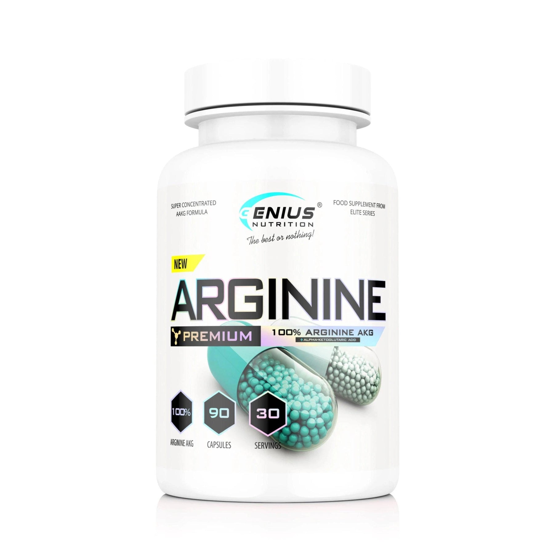 Genius Nutrition Arginine AKG supplement bottle with 90 capsules, showing the label and product packaging.