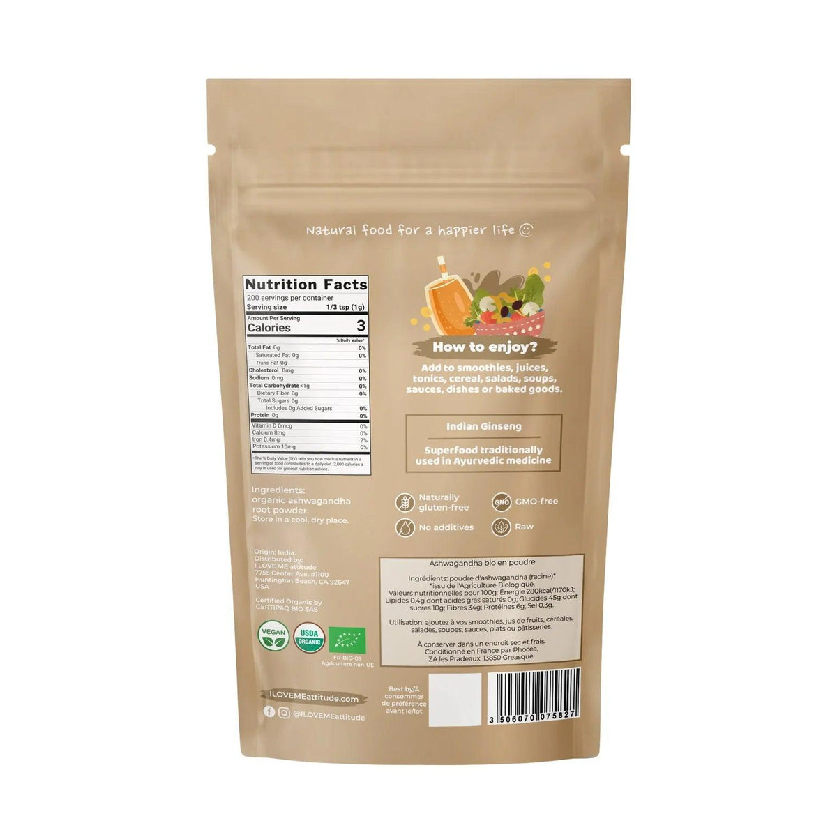 Organic Ashwagandha powder in a jar from ILOVE ME supplement brand, 200g, with a label showing the product name.